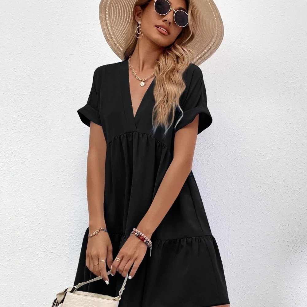 Shein Roll Cuff Ruffle Hem Dress